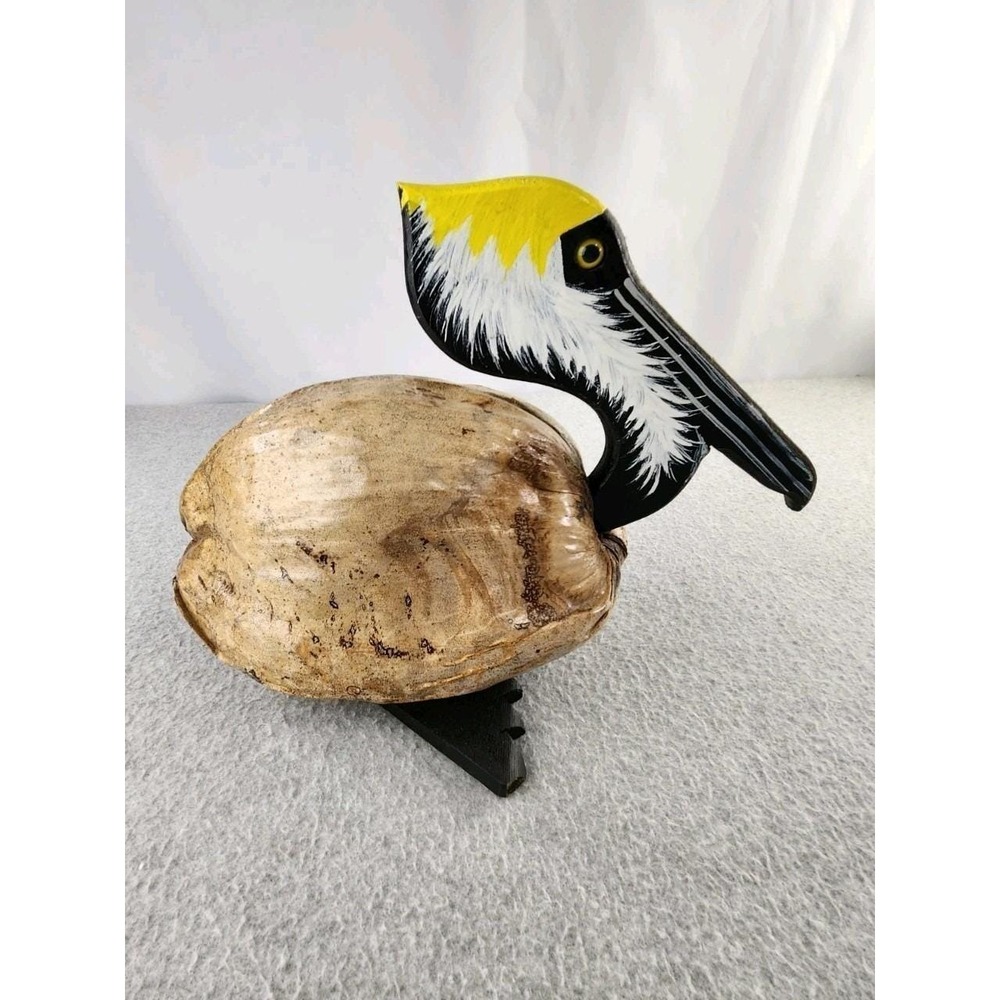 Handcrafted Wood Coconut Pelican Folk Art Sculpture Whimsical Painted Nautical